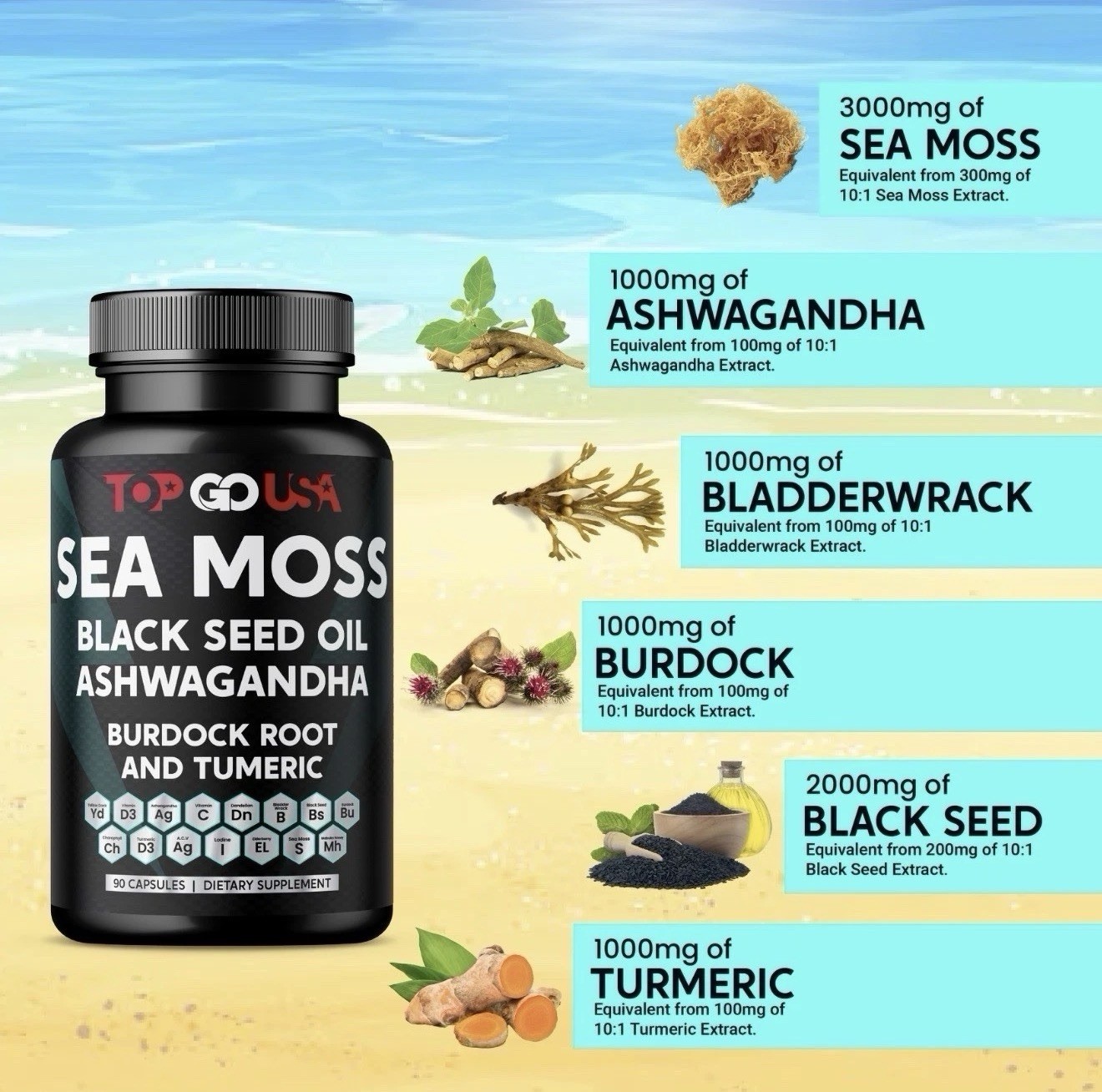 3 Pack Sea Moss Black Seed Oil Ashwagandha Burdock Root Turmeric 270 Capsule
