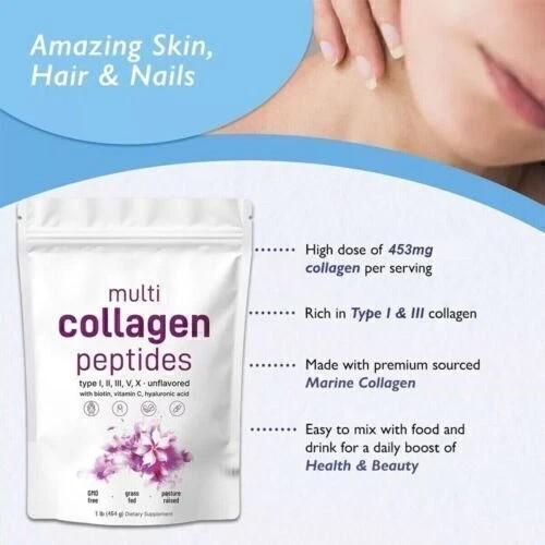 Multi Collagen Peptides Powder 1 lb Hydrolyzed Protein Peptide Type I-II,III,V,X