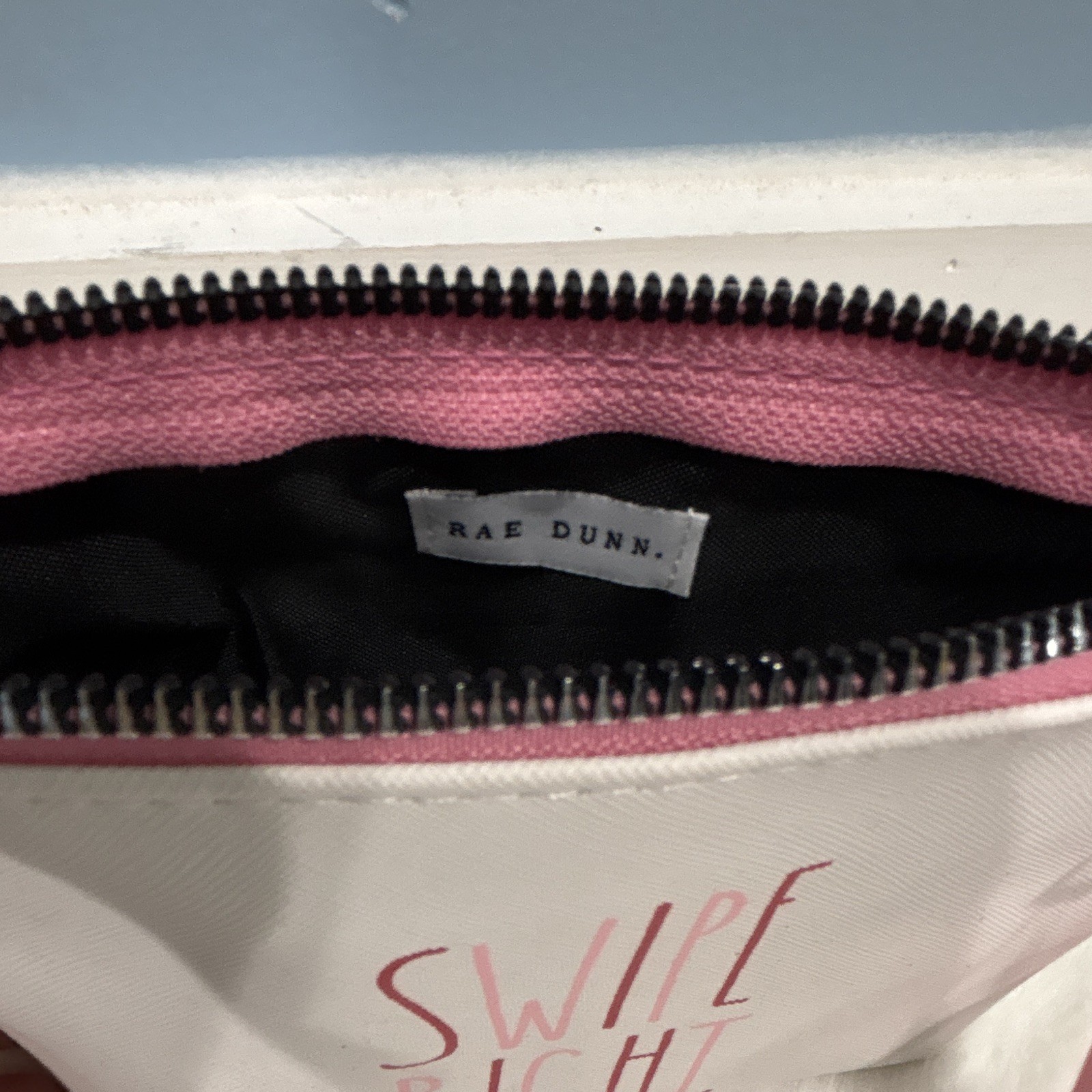 Rae Dunn Swipe Right Makeup Bag White/Pink Zipper Pouch 8.25×2.75×5.5″