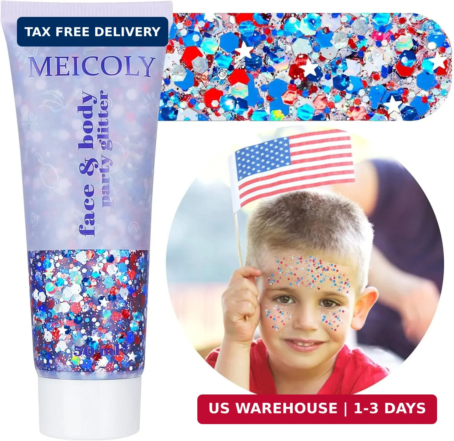 MEICOLY Red White and Blue Face Glitter,4th of July Star Hair Glitter for 2026 W