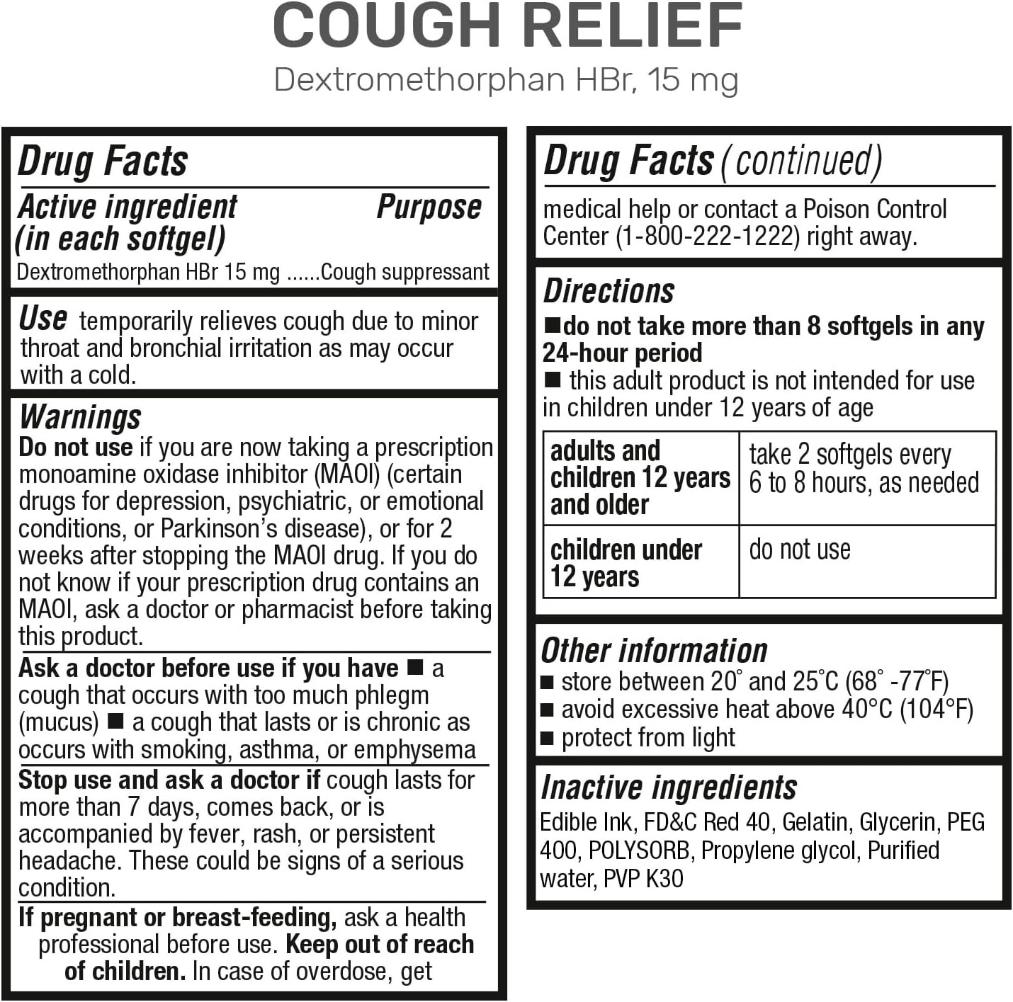 Cough Relief for Adults Dextromethorphan Hbr 15Mg (60 Softgels) 8-Hour, Non-Drow