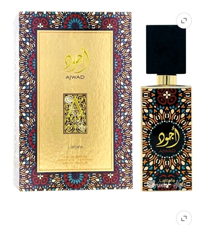 Lattafa Ajwad Eau de Parfum Spray 60 mL and Ajwad 300 mL air freshener spray.