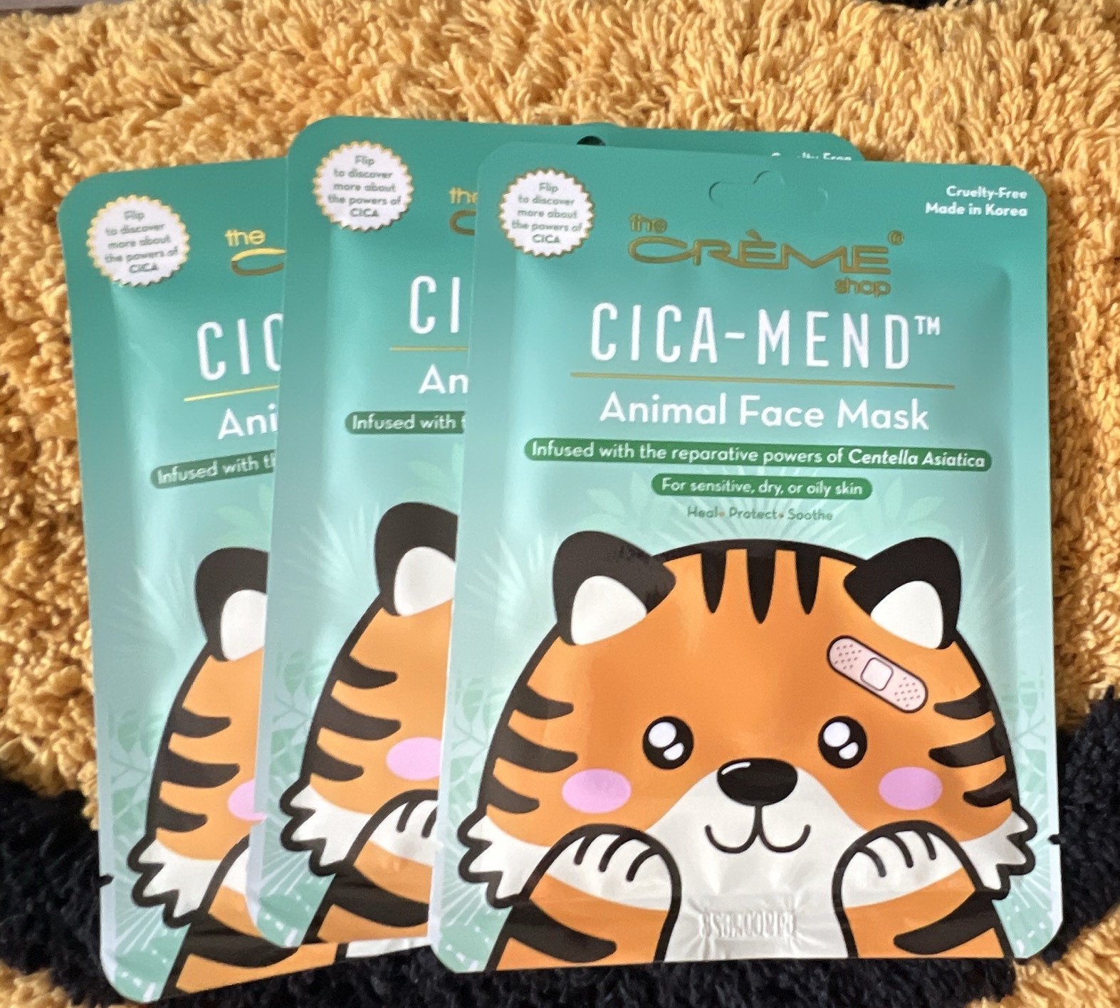 The Crème Shop Cica-Mend Animal Cica Sheet Mask Soothing SPF 25 Cruelty-Free 3pk