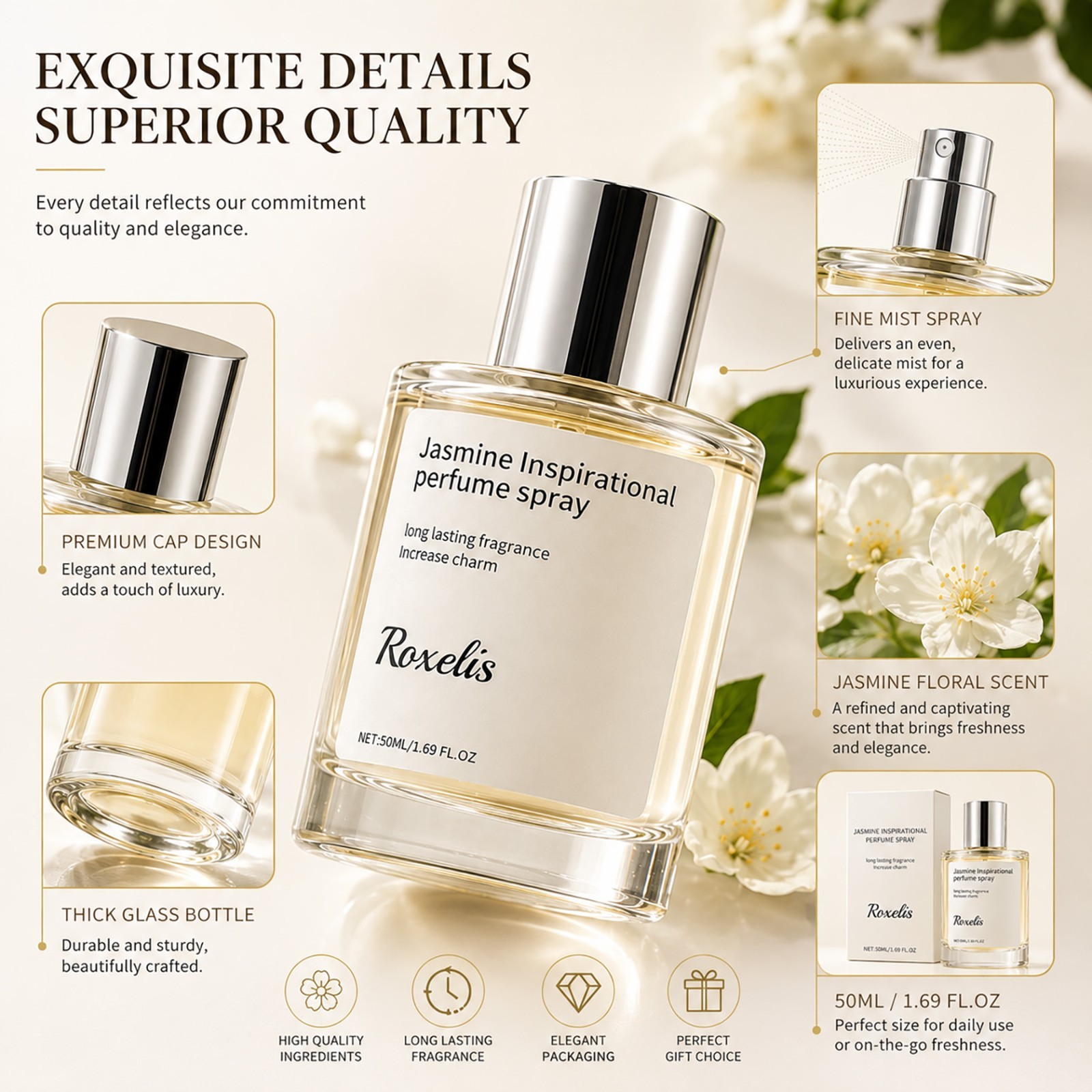 Long Lasting Jasmine Perfume for Women Fresh Floral Eau De Parfum Spray 50ML