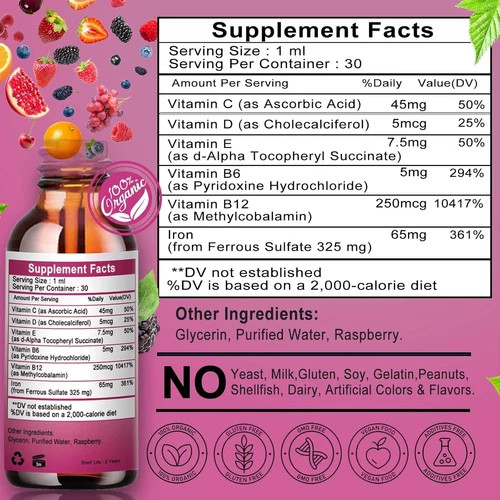 Iron Supplement for Women with Vitamin C,6-In-1 Liquid Supplement W/Vitamin B12,