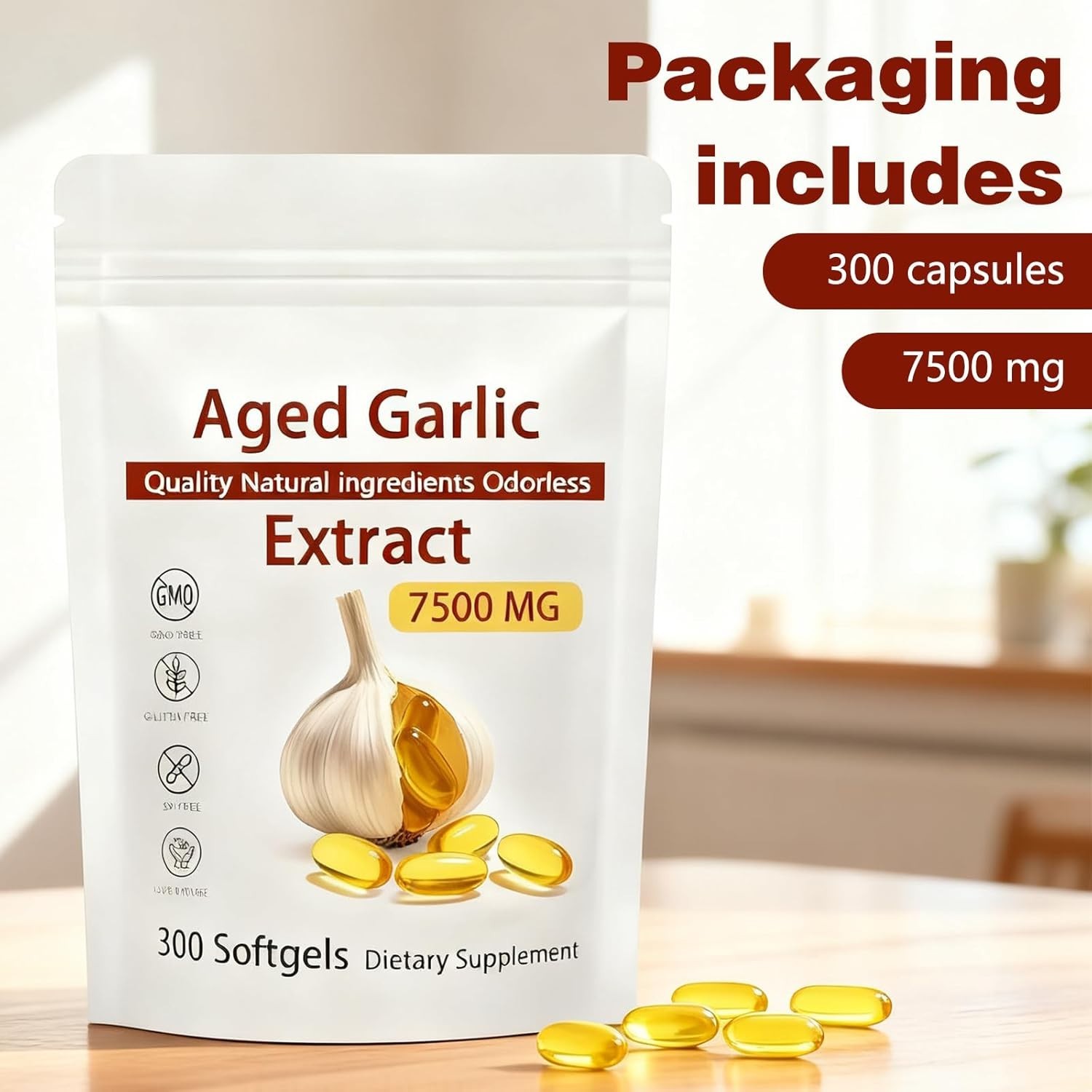 Odorless Garlic 7500mg Per Servings, 300 Softgels | 2 Years Aged Garlic Extra…