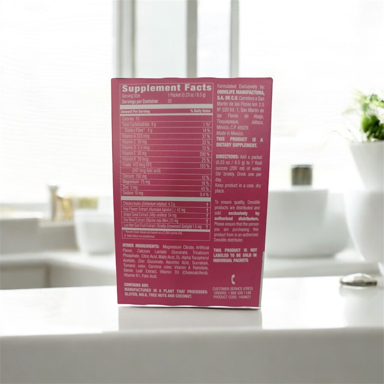 Fem Plus Box with 30 Packets net wt 6.9oz Artificial Peach Flavor.