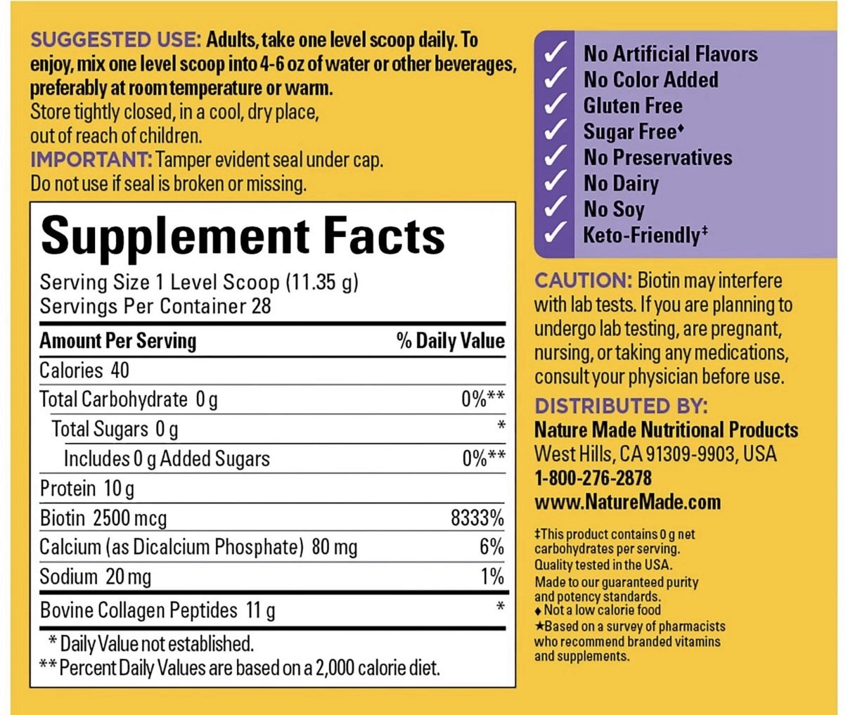 Nature Made Collagen Peptides & Biotin, Type 1 (Bovine), 11.2 Oz (Pk of 2), New