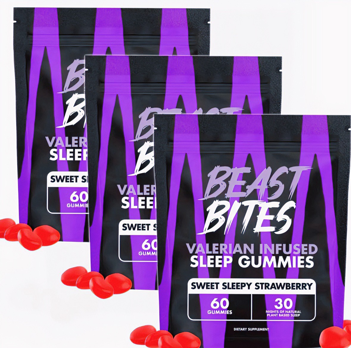Beast Bites Sleep Gummies Valerian Infused Strawberry Natural Sleep Aid 60 Count