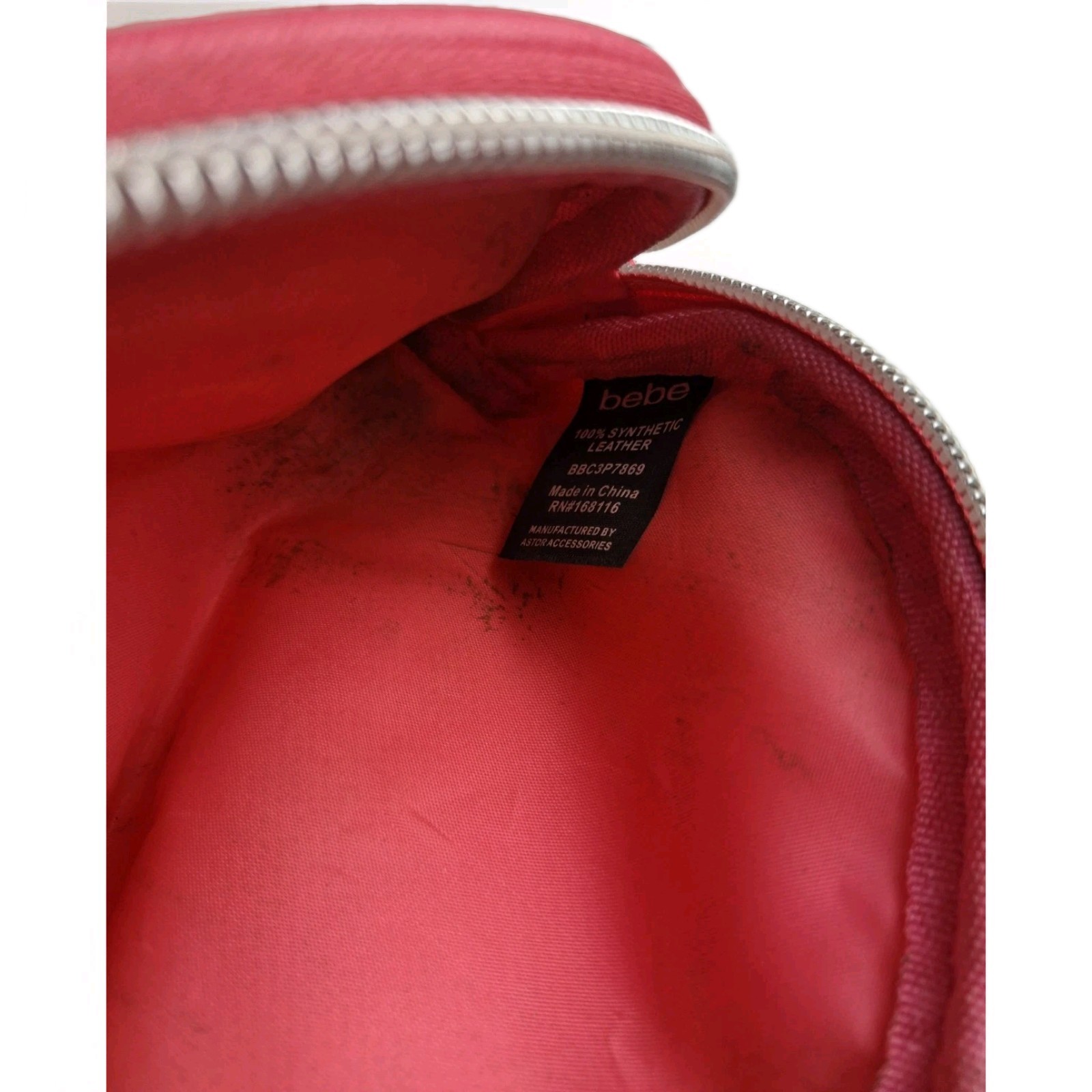 Bebe Hot Pink Saffiano Faux Leather Dome Cosmetic Makeup Bag Pouch Silver Logo