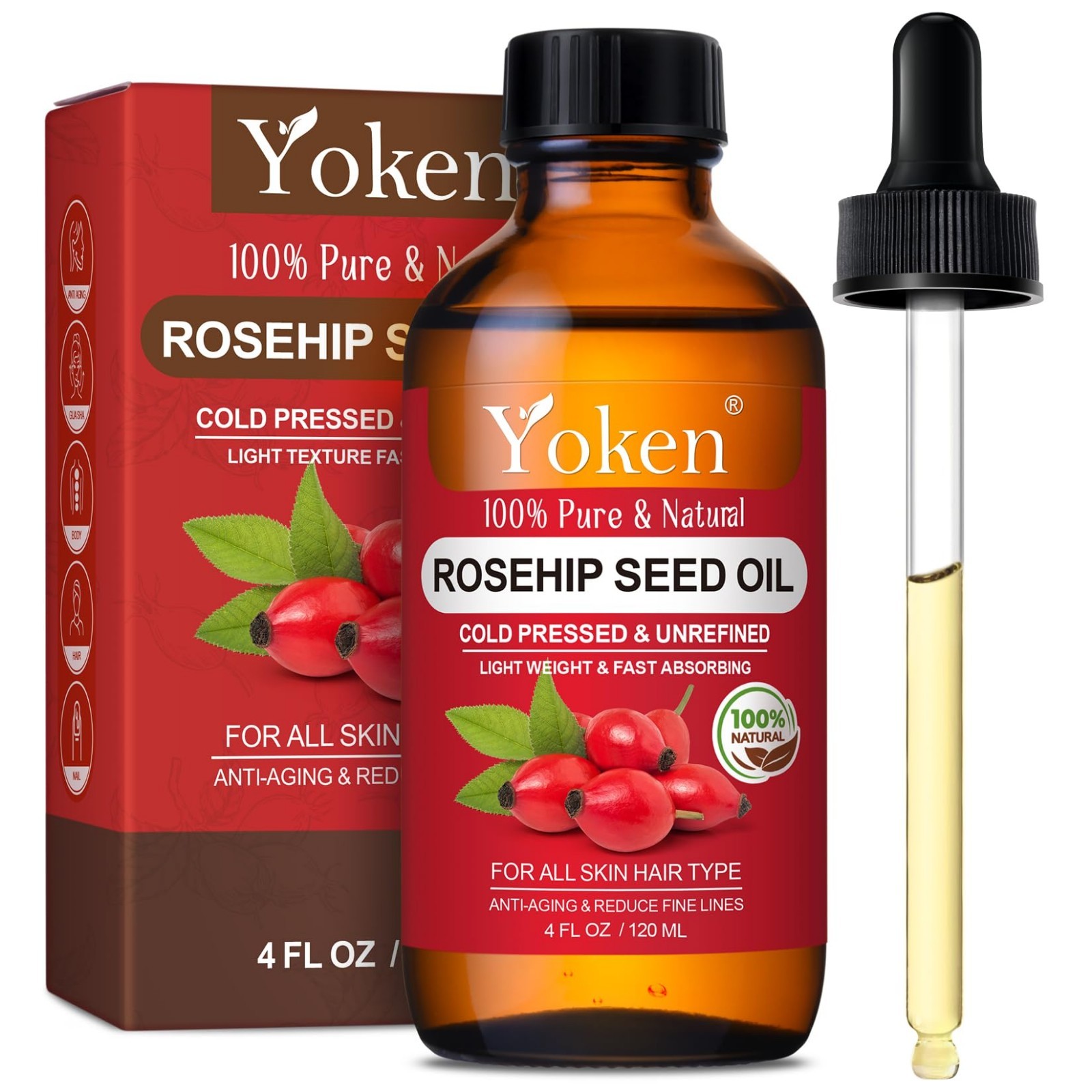 Organic Cold Pressed Rosehip Seed Oil for Face, Hair & Body – 4 fl oz