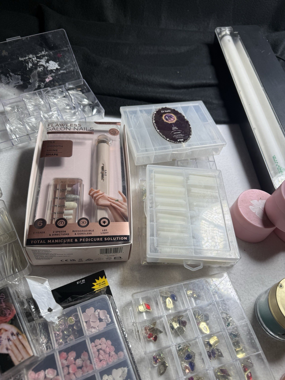 Huge Nail Supply Lot Acrylic Powders Nail Art Charms Tips Organizer Tech Bundle