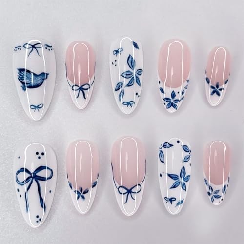 24Pcs Blue Flower Press on Nails Medium Almond French Tip Flower Fake Nails-17