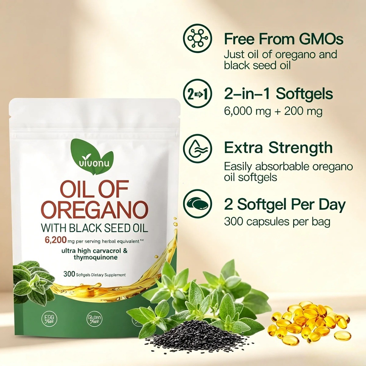 VivoNu Oil of Oregano & Black Seed Oil – Organic Softgels, Carvacrol,Non-GMO