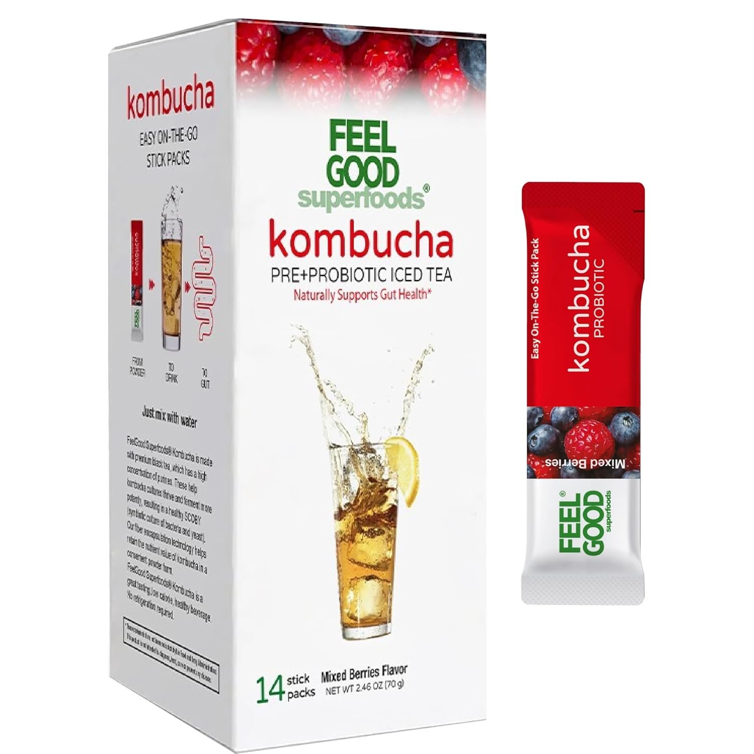 FeelGood Superfoods Kombucha Iced Tea Packets, Delicious Flavored Refreshing…