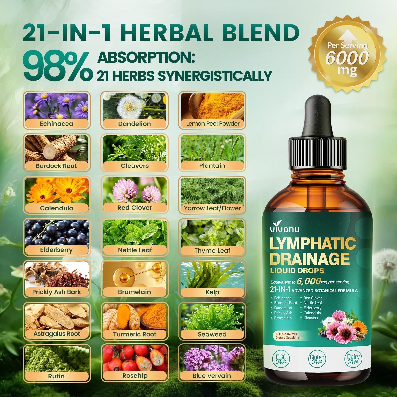 21-in-1 Lymphatic Drainage Drops for Liposomal, 6000mg Immune & Lymph System