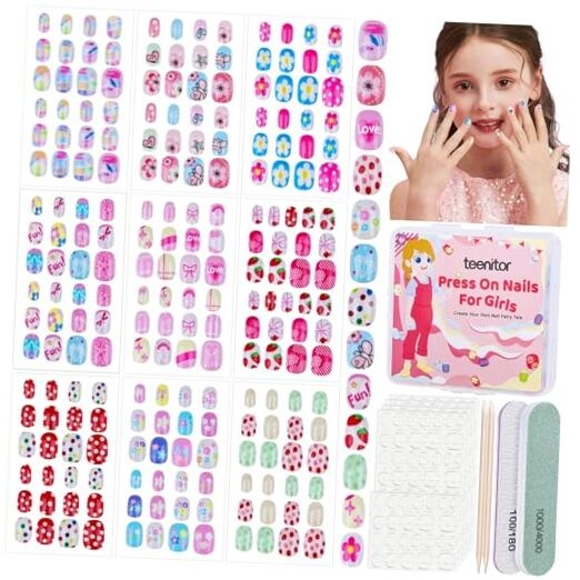216pcs Press on Nails for Girls, 9 Colors 10 Sizes flower/dot/butterfly/fruit