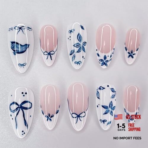 24Pcs Blue Flower Press on Nails Medium Almond French Tip Flower Fake Nails-17