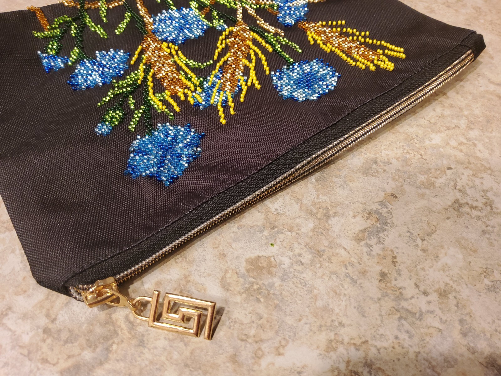 Cosmetic bag embroidered with beads, floral design Ukraine