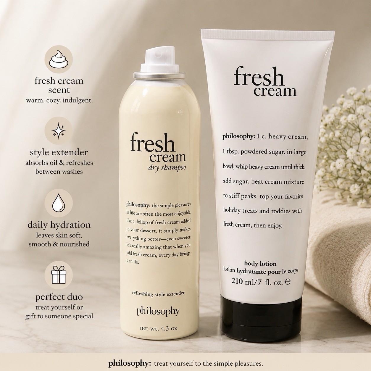Philosophy Fresh Cream Body Lotion 7 oz & Dry Shampoo 4.3 oz Bundle New