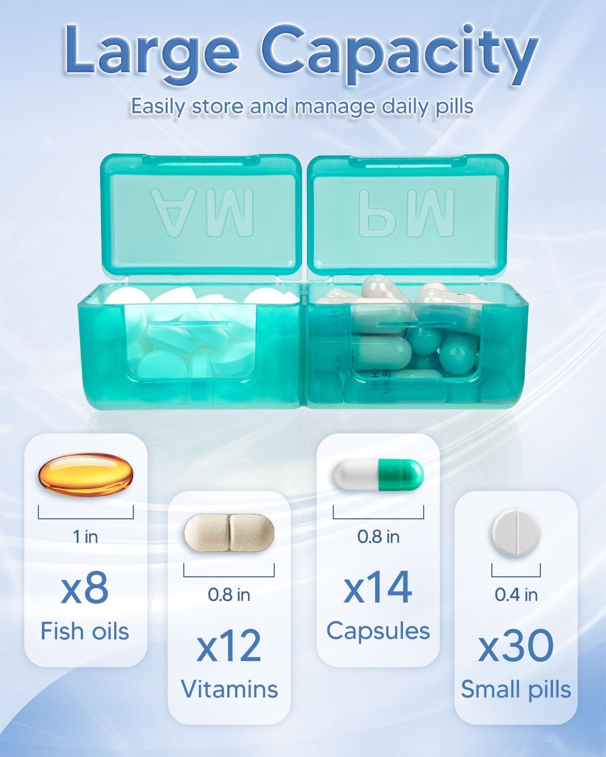 Large Monthly Pill Organizer 2x Daily – Weekly Travel Case, Pill Cutter & Sticke