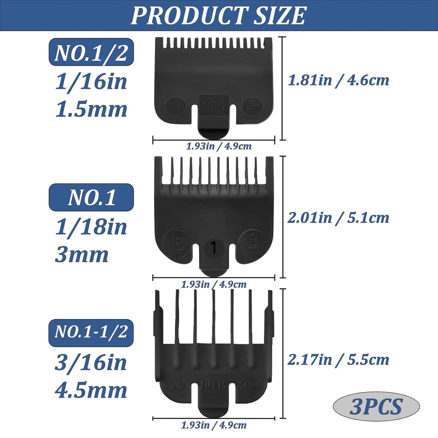 3Pcs Universal Clipper Guards Set for Most Size Blades, 1/16In 1/8In 3/16In Prof