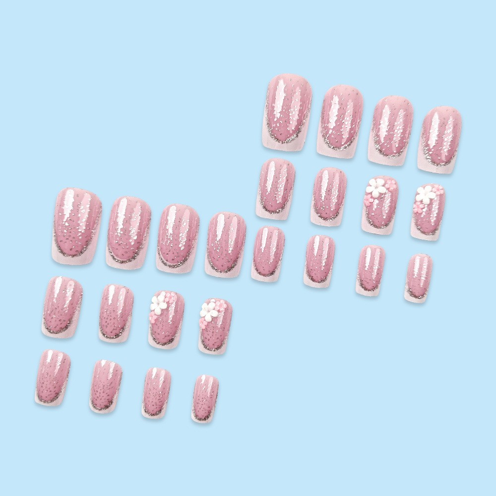 24PCS Glitter French Press-On Nails w/ 3D Flowers – Square Elegant