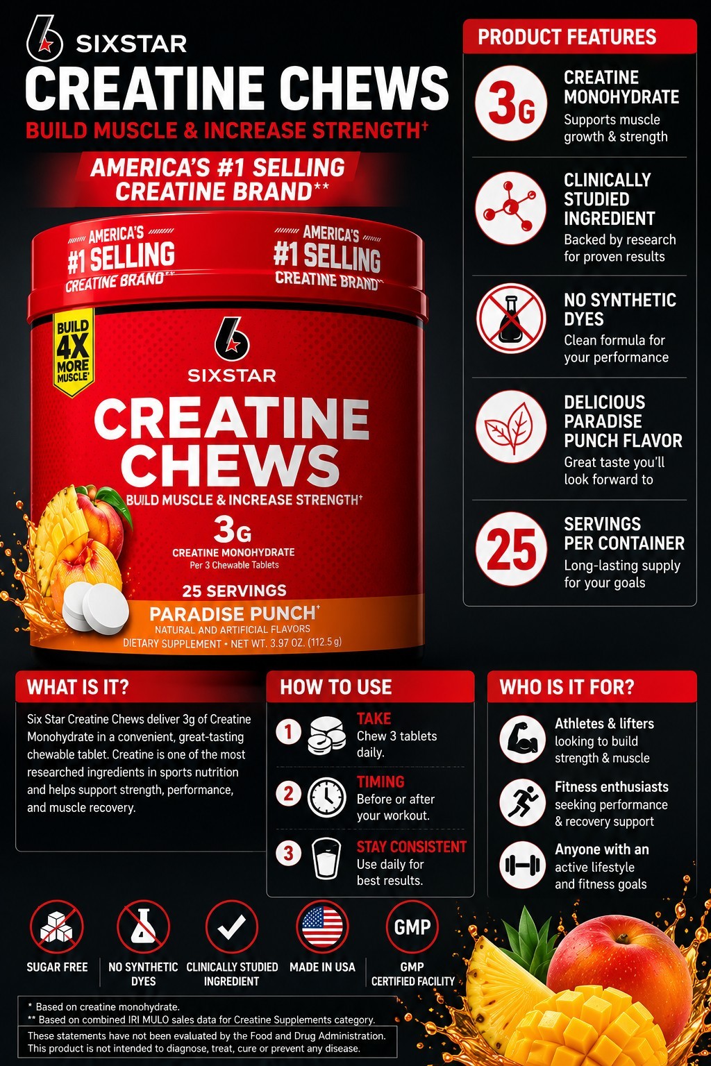 Six Star Creatine Chews 3g Creatine Monohydrate Paradise Punch 25 Servings