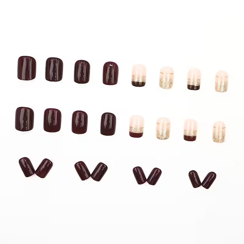 24pcs Elegant Press-On Nails, Medium Square, with Black / Gold Glitter, Events