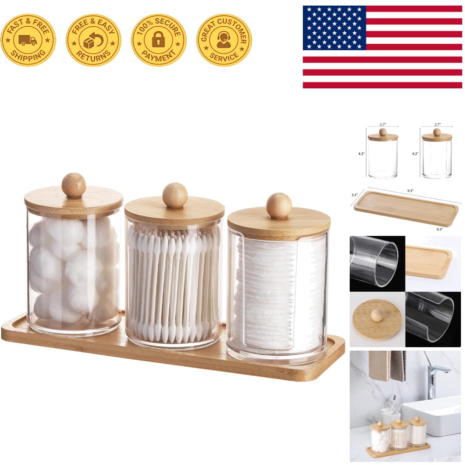 Space-Saving 10 oz Bathroom Containers with Dust-Proof Bamboo Lids – 3 Pack