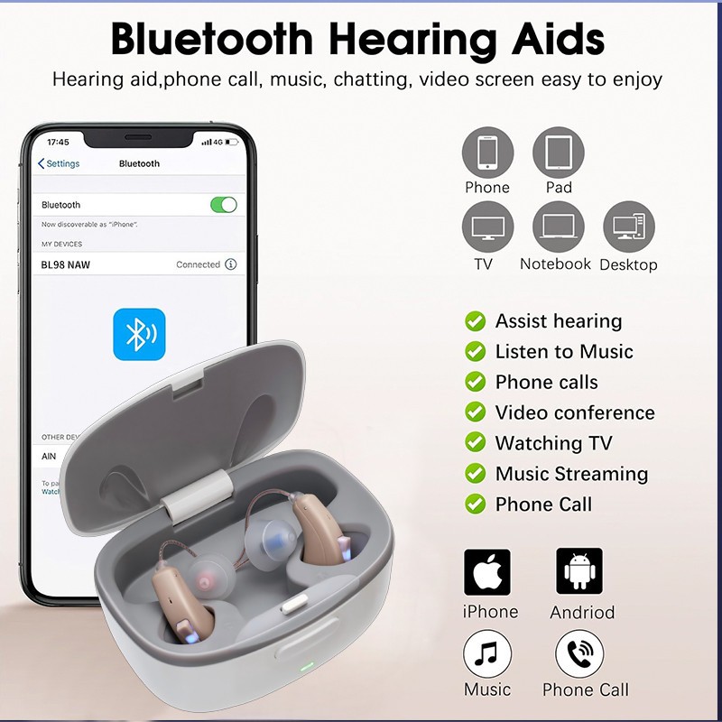 Bluetooth Hearing Aids with Phone Call & Music Streaming APP Control For Adults