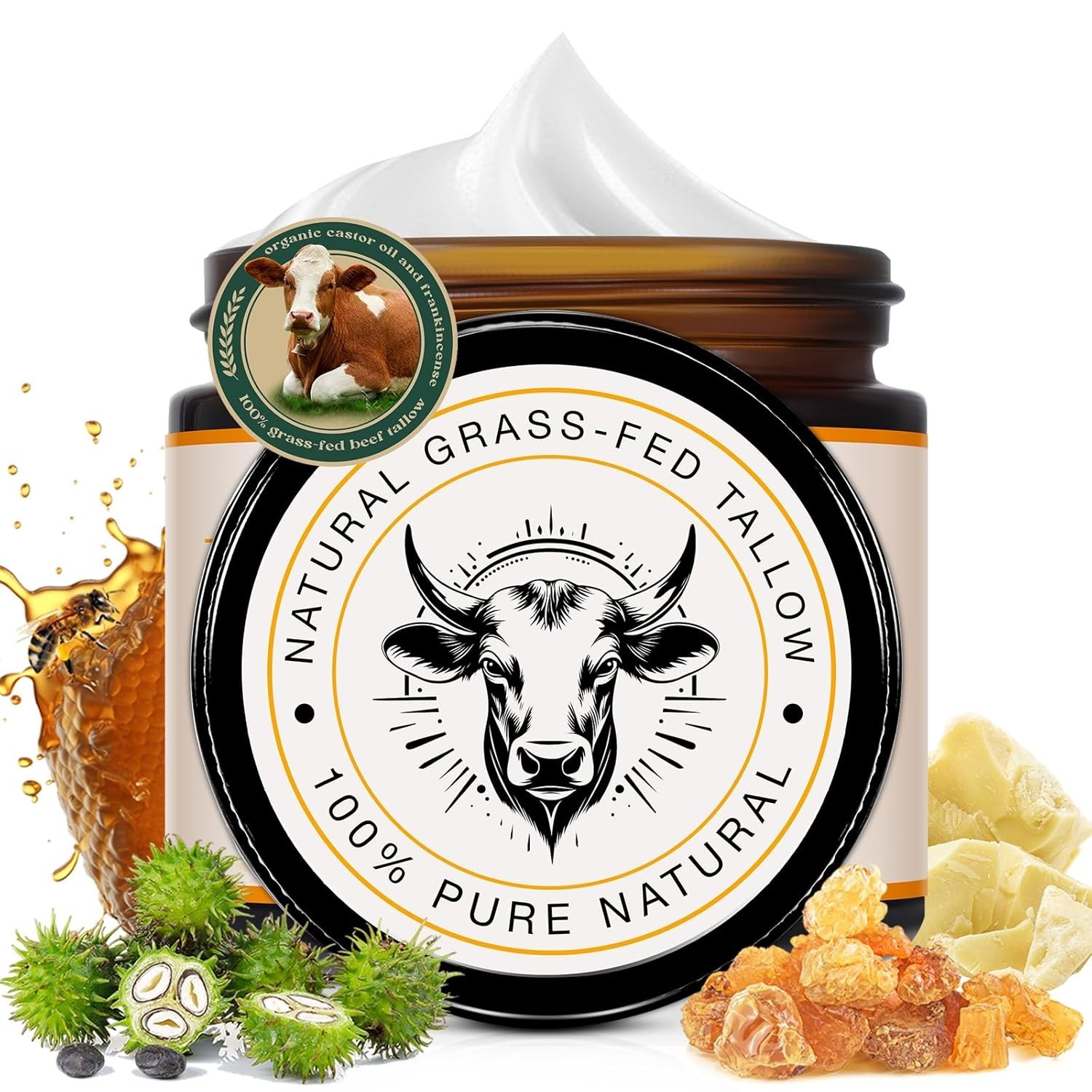 Grass-Fed Beef Tallow Cream with Frankincense and Castor Oil 2.1 fl.oz, Raw Hone