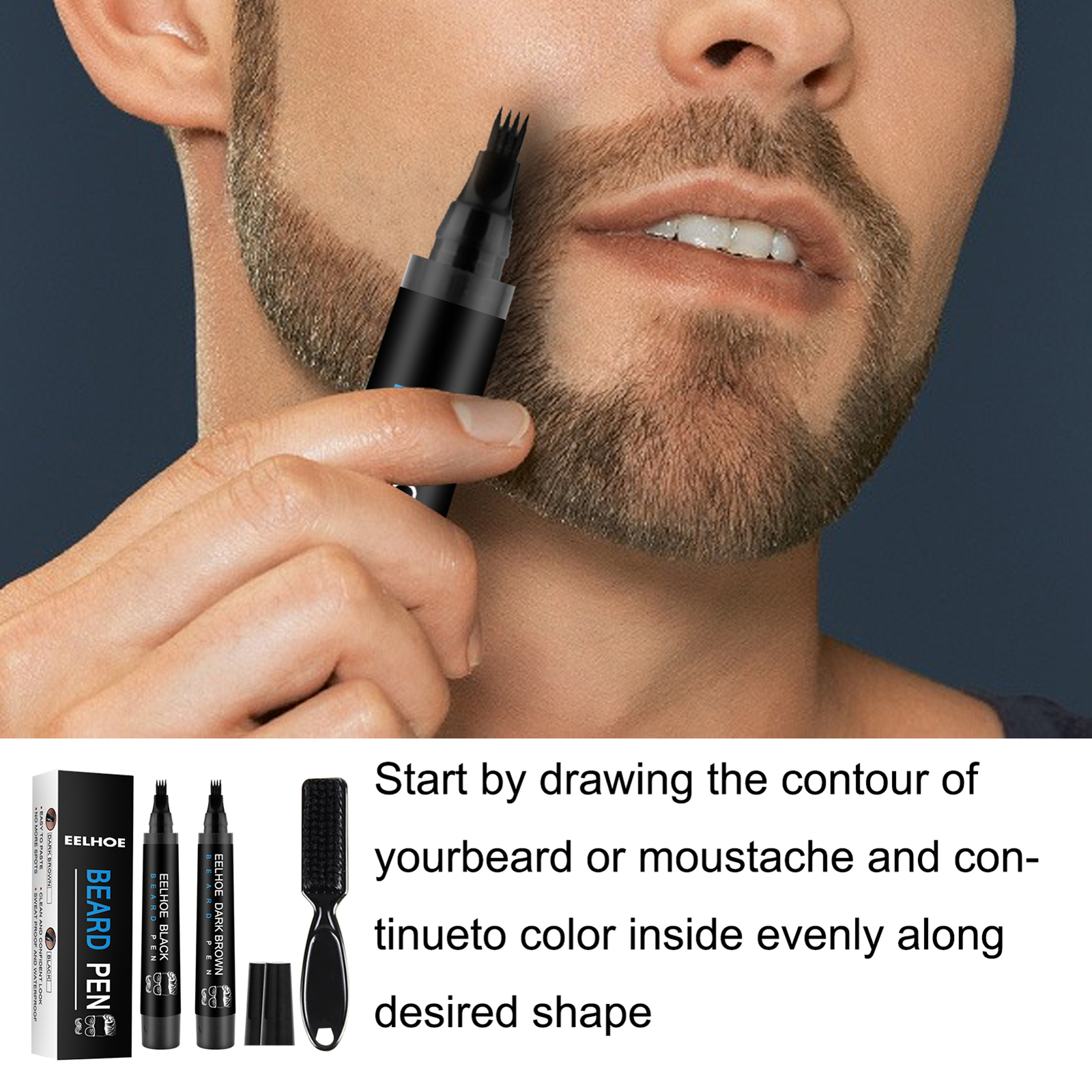 2× Waterproof Beard Pencil Filler Long Last Hair Grower Moustache Eyebrow +Brush
