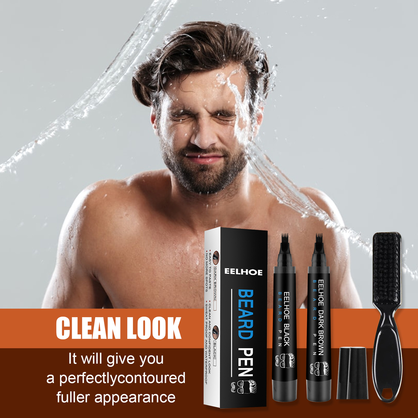 2× Waterproof Beard Pencil Filler Long Last Hair Grower Moustache Eyebrow +Brush