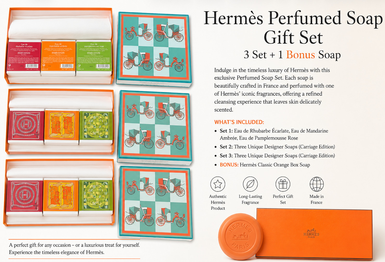 Hermès Perfumed Soap Gift Set 3 x 100g + Bonus Soap New in Box