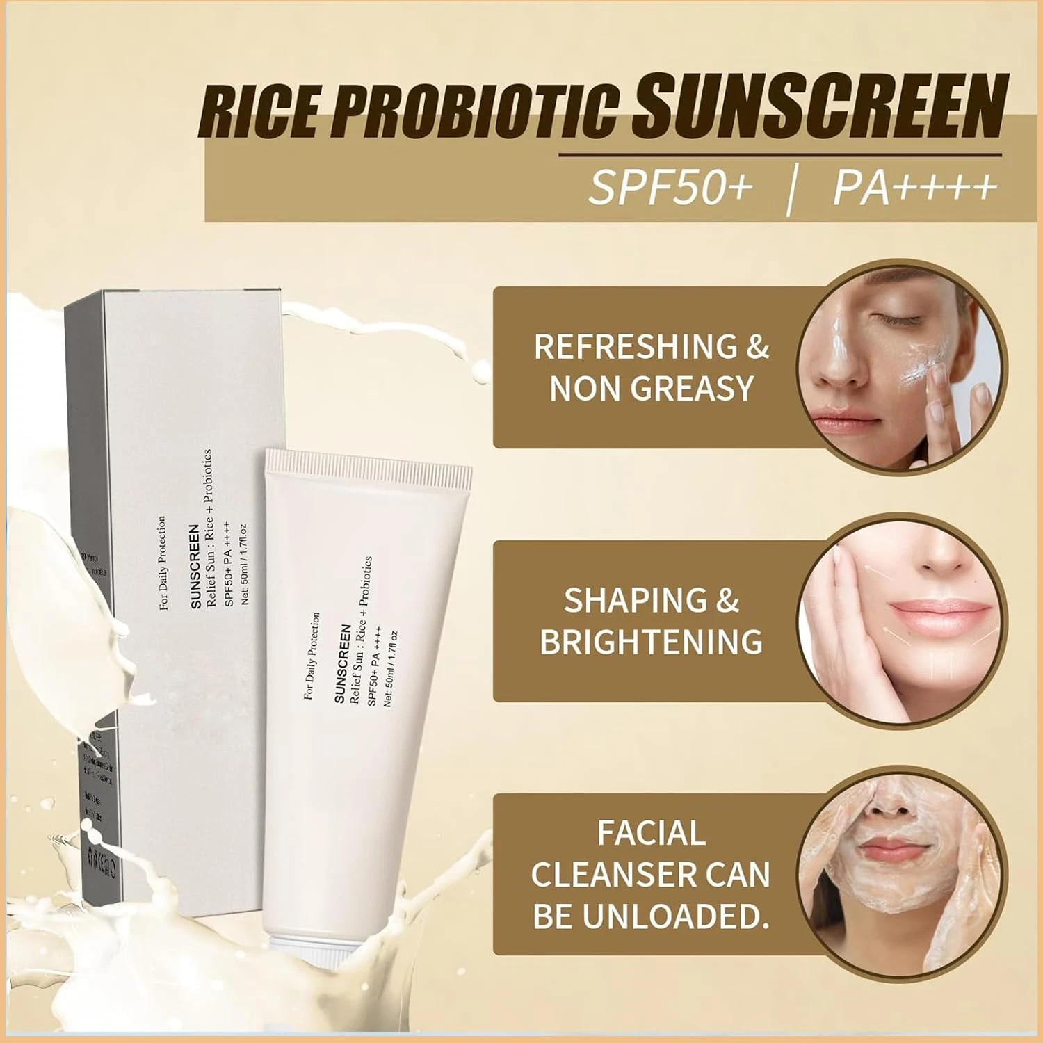 3-Pack: Relief Sun Rice + Probiotics SPF 50+ Beauty Sunscreen 50ml ea 150ml tot.