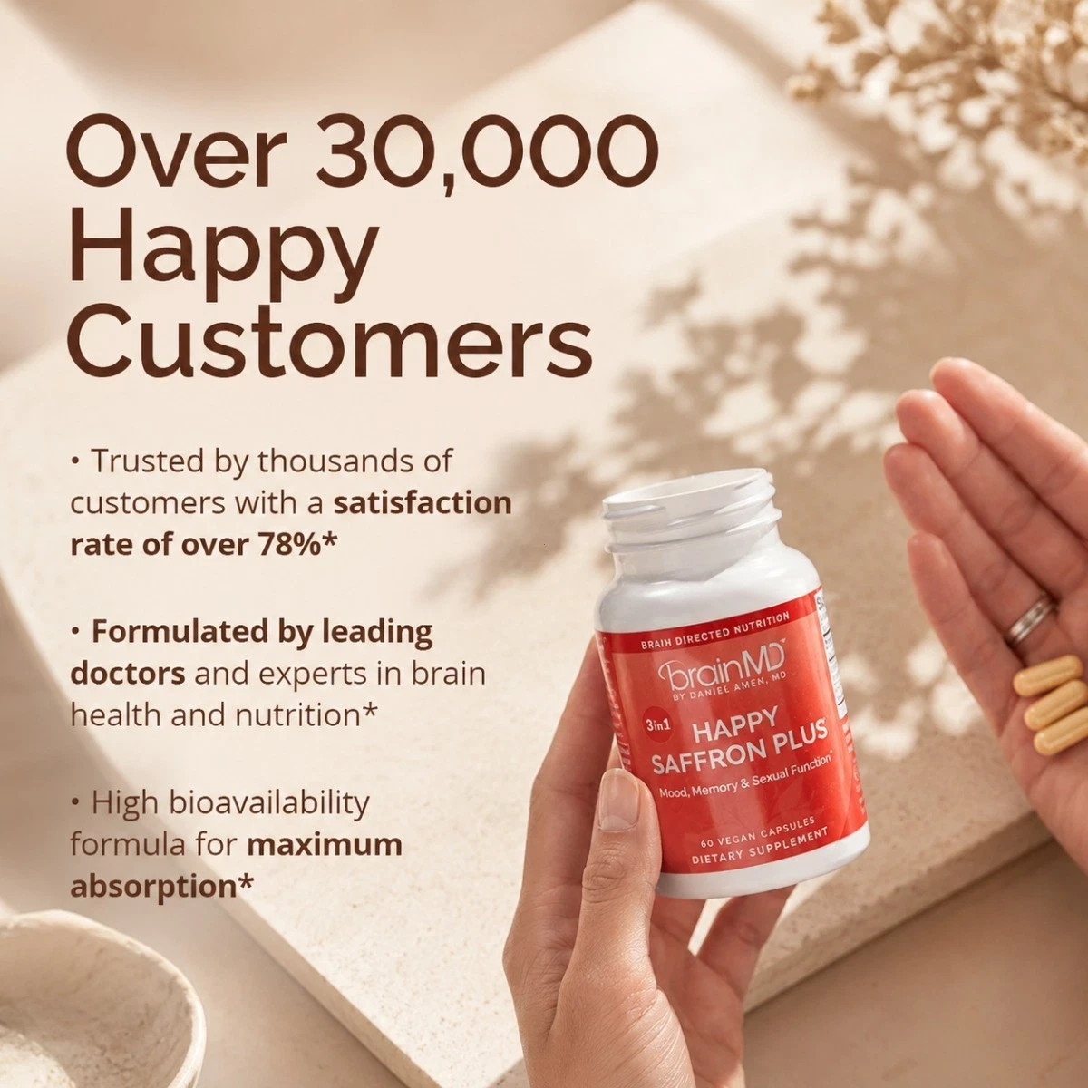 BrainMD Happy Saffron Plus 3-in-1 Vegan Capsules Mood Focus & Hormone Support