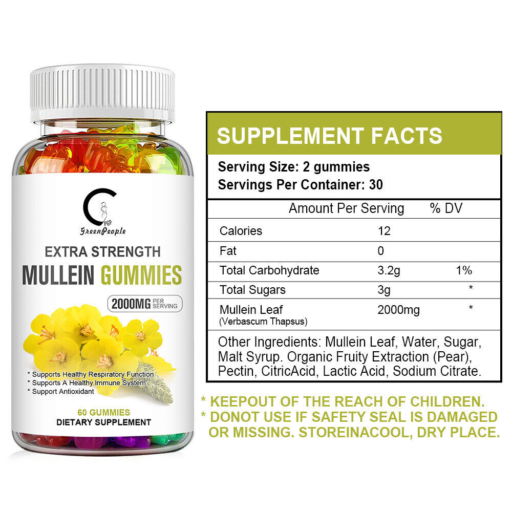 100% Natural Mullein Leaf Gummies Extra Strength Detox Cleanse Lung Health 60pcs