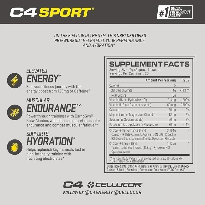 (6) Cellucor C4 Sport PRE-WORKOUT «FRUIT PUNCH» Powder 30 Servings Exp 04/2026