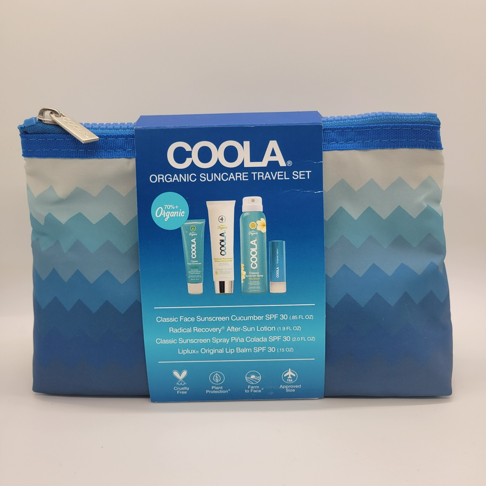 New COOLA Organic Suncare Travel Set 4 Pc Sunscreen Lip Balm Bag NWT Exp 10/2025