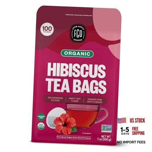 Organic Hibiscus Tea, 100 Count, Eco-Conscious Tea Bags, Caffeine Free,