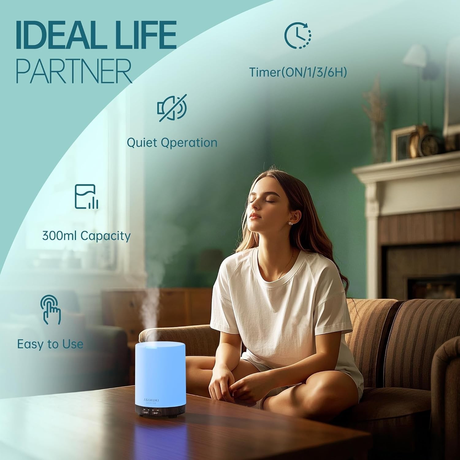 ASAKUKI 300ML Essential Oil Diffuser Quiet 5-in-1 Aroma Humidifier LED Light