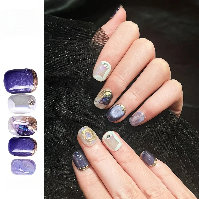 10PCS Blue Ombre Press On Nails Short Ballet Glossy False Nail Tips