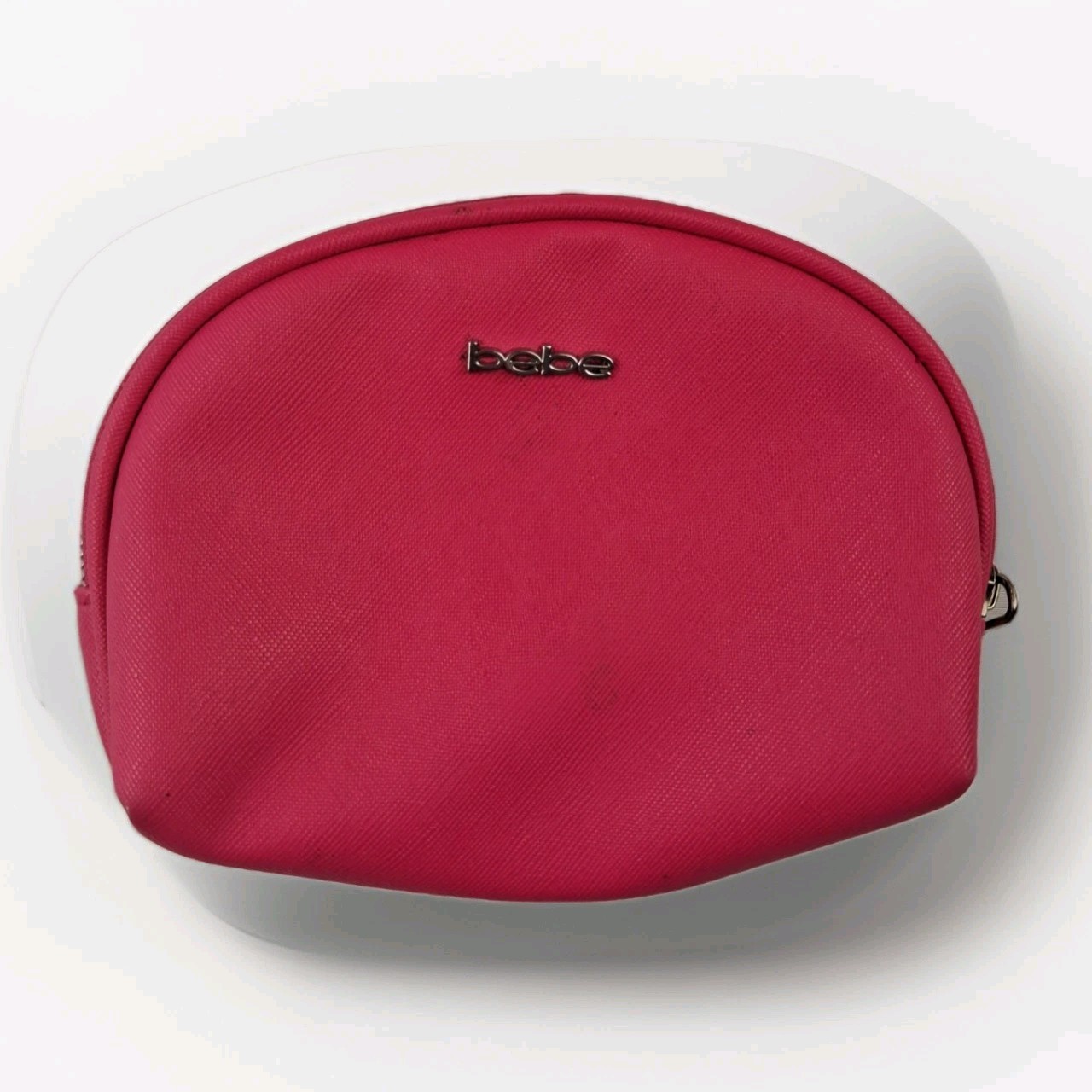 Bebe Hot Pink Saffiano Faux Leather Dome Cosmetic Makeup Bag Pouch Silver Logo