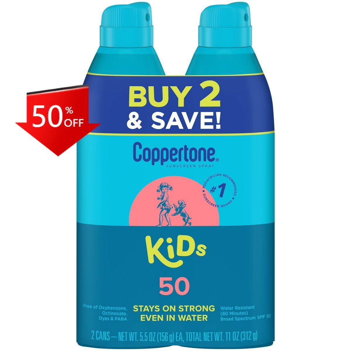 Coppertone Kids Sunscreen Spray – SPF 50 – 11oz – Twin Pack: Whole Body, Scented