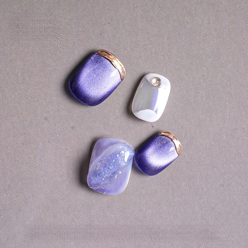 10PCS Blue Ombre Press On Nails Short Ballet Glossy False Nail Tips