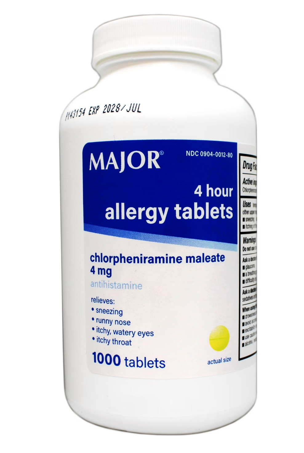 Major Chlorpheniramine 4mg Allergy Tablets 1000ct -Expiration Date 11-2028