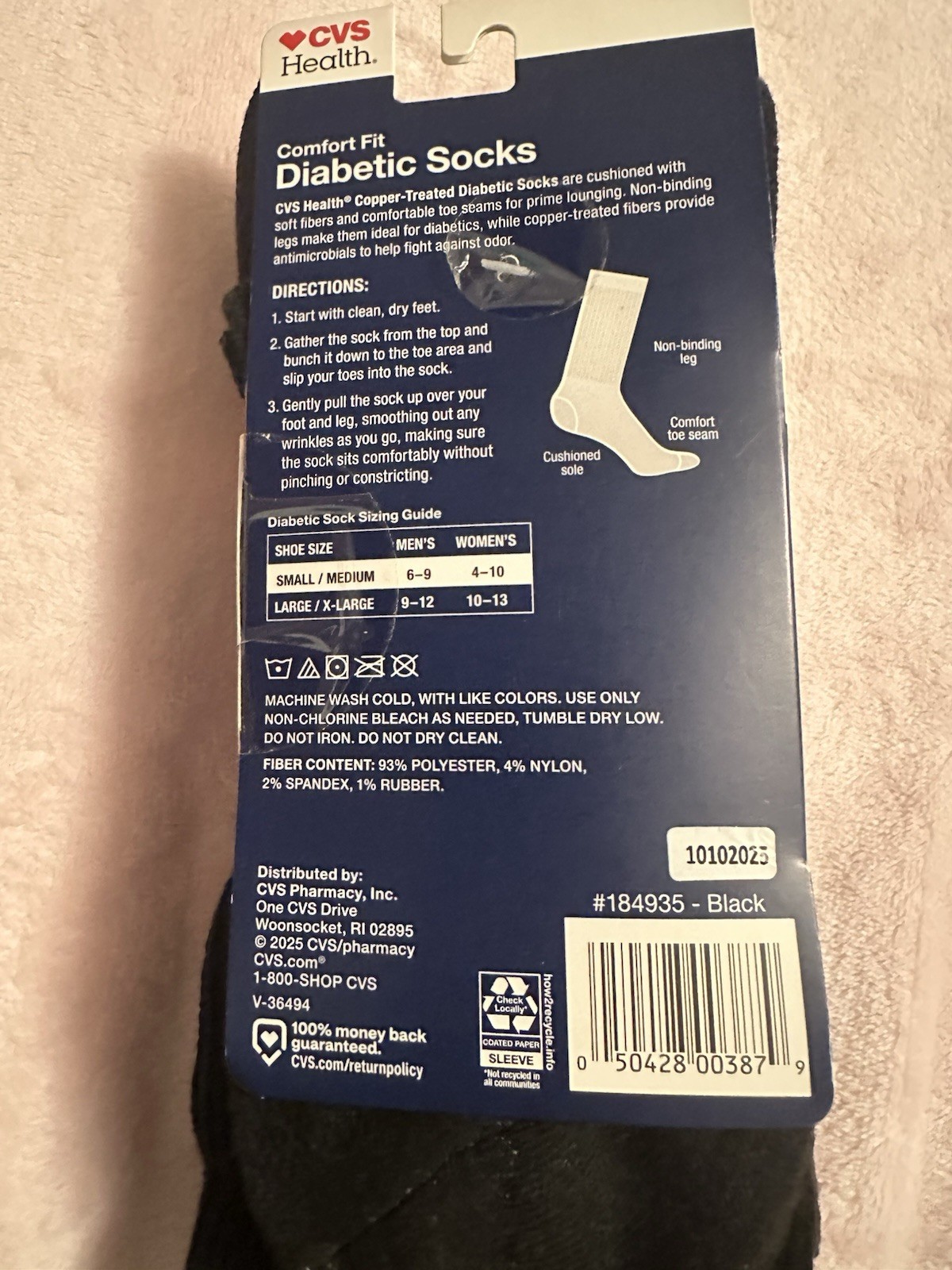 CVS Copper Treated Diabetic Socks Crew Length S/M 3 Pair Black