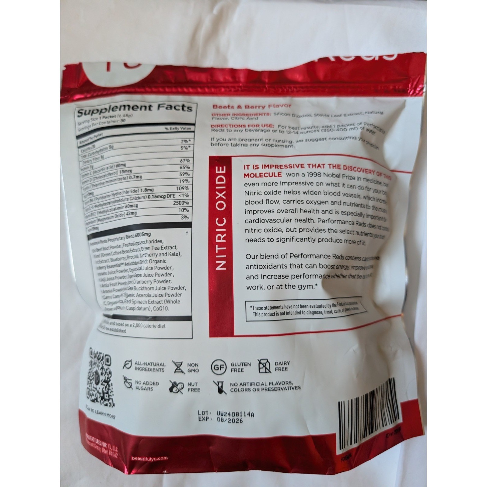 Yu Performance Reds Beets and Berry Flavor Exp 8/2026 open bag