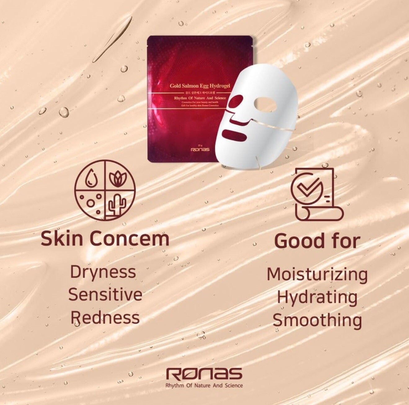 Ronas Gold Salmon Egg Hydrogel Mask Pack 10ea Contains Green Tea Extract, Gold